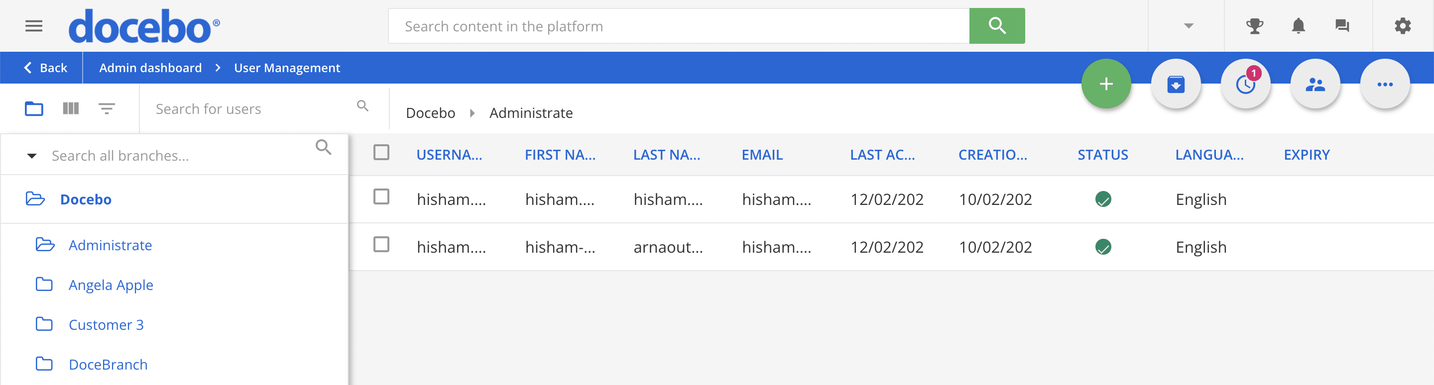 Image showing initial sync data in Docebo using the Administrate integration.